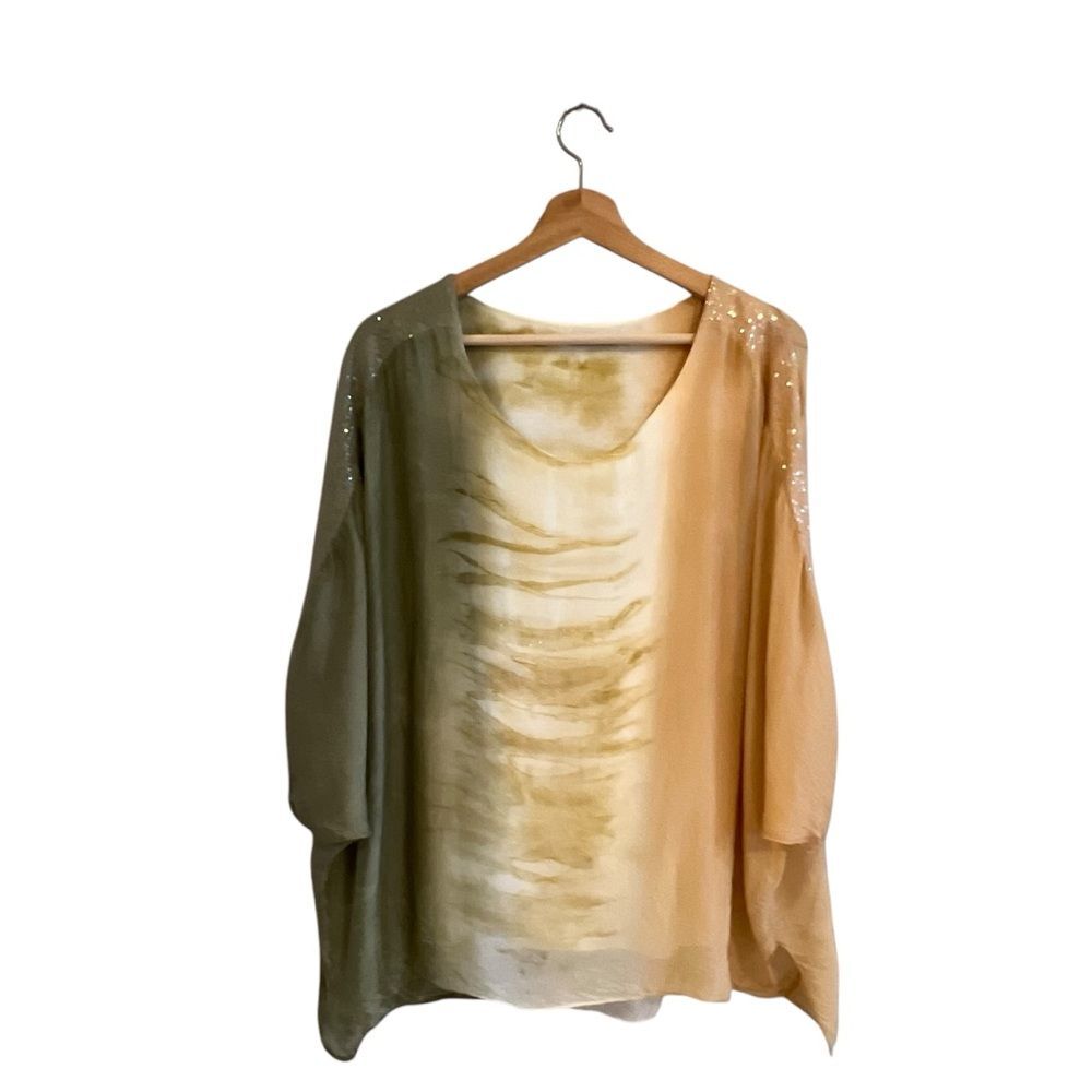 Tempo Paris Olive Green and Beige Ombre Sequin-Shoulder Blouse